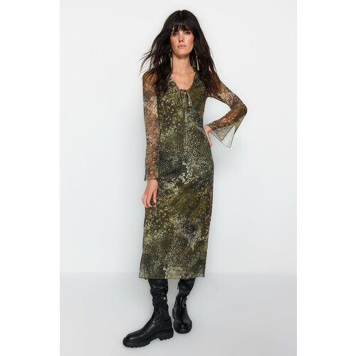 Trendyol Khaki V-Neck Tulle Lined Skater/Waist Midi Knitted Dress Slike