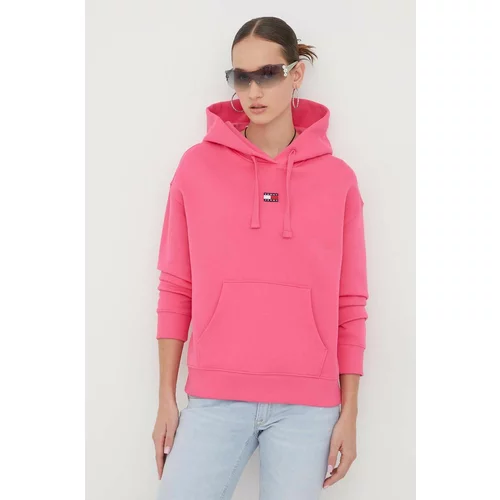 Tommy Jeans Pamučna dukserica za žene, boja: ružičasta, s kapuljačom, s aplikacijom