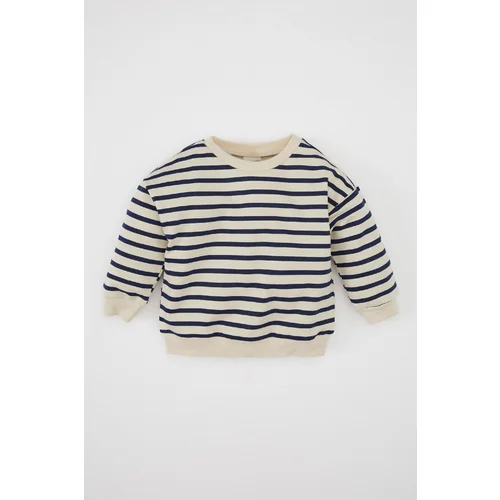 Defacto Baby Boy Crew Neck Striped Soft Furry Thin Sweatshirt