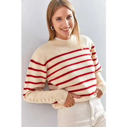 Bianco Lucci Women's Striped Knitwear Sweater with Cufflinks