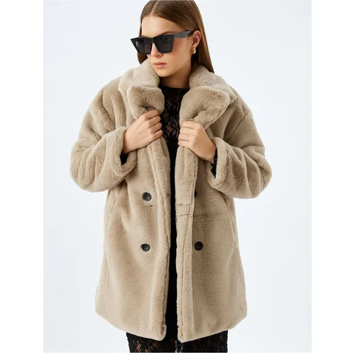 Koton Double Breasted Plush Coat with Buttoned Pockets