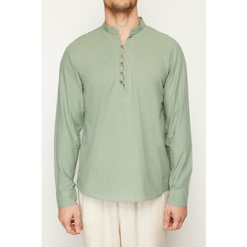 Trendyol Light Khaki Slim Fit Half Placket Judge Collar 100% Cotton Shirt Shirt Slike