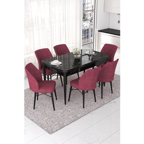 Hanah home nef - black marble, burgundy black marbleburgundy extendable dining table & chairs set (7 pieces) Cene