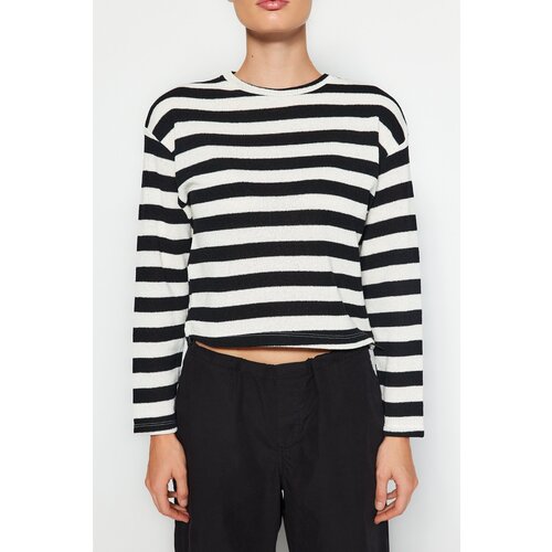 Trendyol Black Striped Sweater Look Crewneck Crop Blouse Slike
