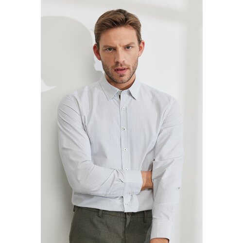 ALTINYILDIZ CLASSICS Men's White-khaki Slim Fit Slim Fit Shirt with Hidden Buttons Collar Printed Cene