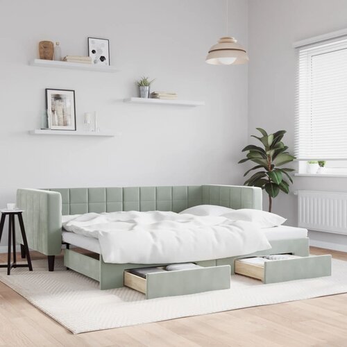 VidaXL Izvlečna dnevna postelja s predali svetlo siva 90x200 cm žamet Slike