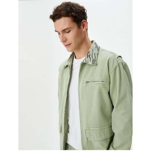 Koton Washed Denim Jacket Camouflage Collar Pocket Detailed Zipper Slike