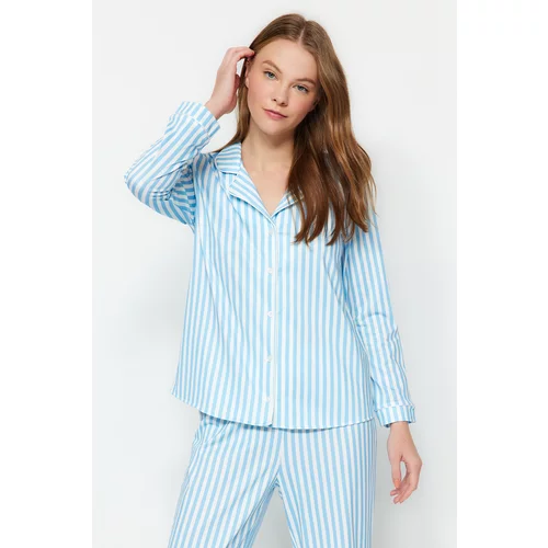Trendyol Blue Stripe Patterned Webbing Fleece Inner Shirt-Pants Knitted Pajamas Set