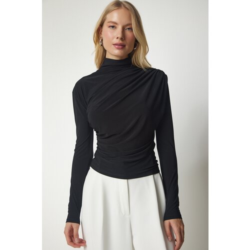  Women's Black Shirred Detail Standing Collar Sandy Blouse Cijene