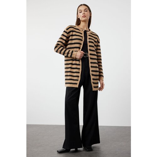 Trendyol Brown Striped Gold Button Detailed Soft Textured Knitwear Cardigan Slike