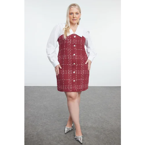 Trendyol Curve Burgundy Tweed Woven Plus Size Dress