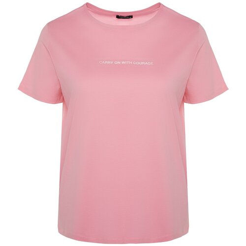 Trendyol Curve Pink Crew Neck Printed Knitted T-Shirt Cene