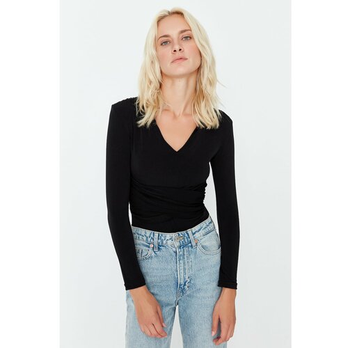 Trendyol Black Pleated V-Neck Snap Knitted Body Cene