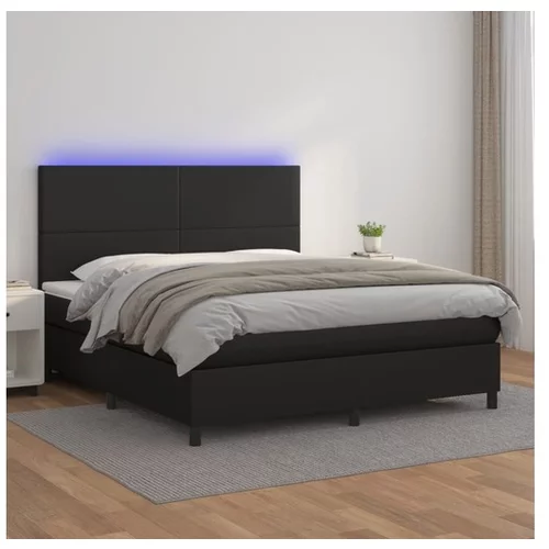  Box spring postelja z vzmetnico LED črna 180x200 cm um. usnje