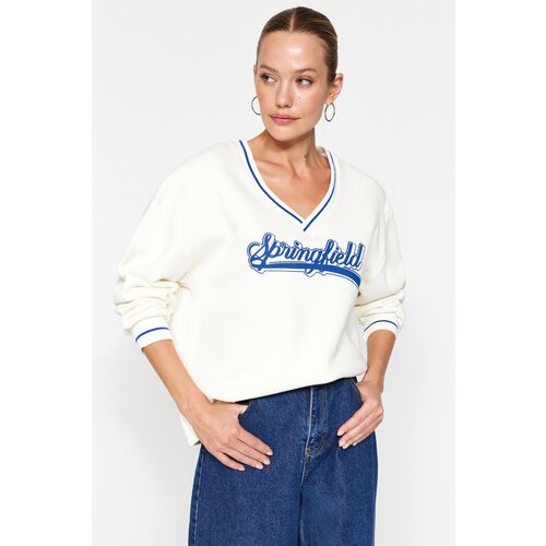 Trendyol White Thick Fleece Inner Tricot Tape Detailed V-Neck Oversized Knitted Sweatshirt Slike