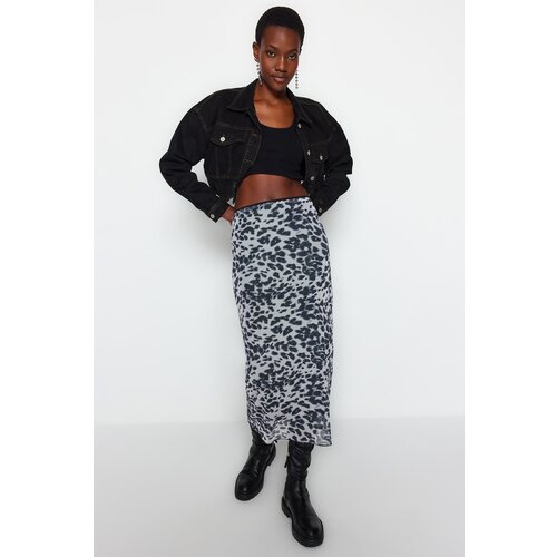 Trendyol Black Waist Detail Printed Flexible Tulle Maxi Knitted Skirt Slike