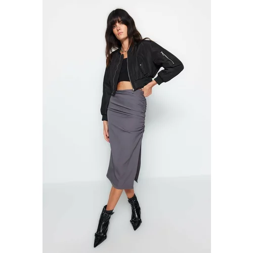 Trendyol Anthracite Pleated Midi Skirt with a Slit Detail