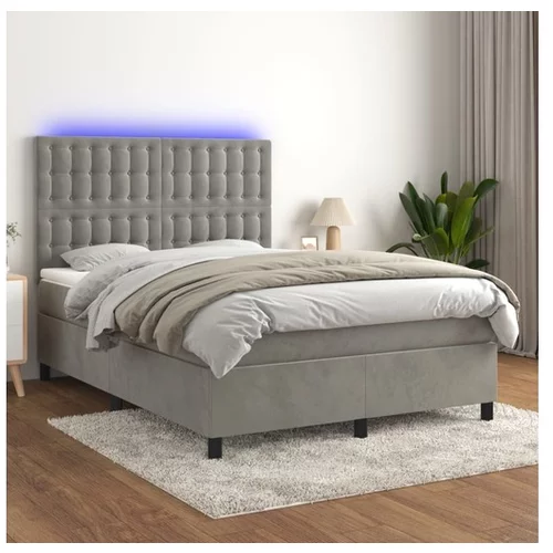  Box spring postelja z vzmetnico LED svetlo siva 140x200cm žamet