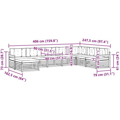  Set vanjskih sofa 8 kom. Prirodna i krem Čvrsto drvo akacije 406 x 247,5 x 73 cm Slike
