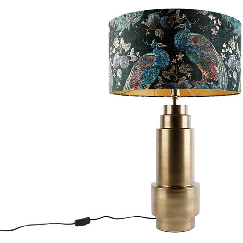 QAZQA Tafellamp brons velours kap pauw groen met goud 50 cm - Bruut Slike