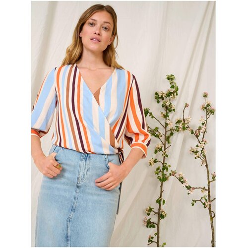 Orsay Blue-Orange Striped Wrap Blouse with Three-Quarter Sleeve - Women Slike