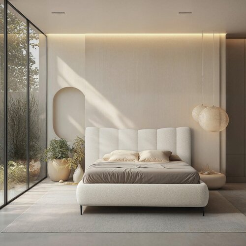 MID.YOU OBLAZINJENA POSTELJA 180 cm x 200 cm , les, tekstil, leseni material krem barve Cene