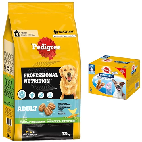 Pedigree 12 kg Professional Nutrition Adult + 56 komada Dentastix za male pse - Adult s peradi i povrćem