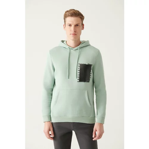Avva Men's Aqua Green Hooded Collar 3Thread Fleece Inside Printed Back Standartfit Regular Fit Sweatshirt