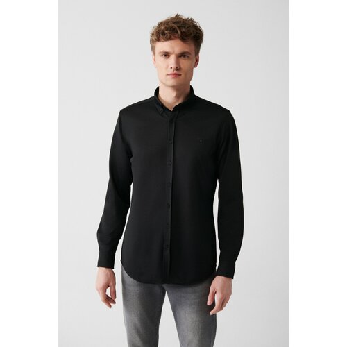 Avva men's black easy-to-iron buttoned collar textured knitted slim fit slim fit shirt Slike