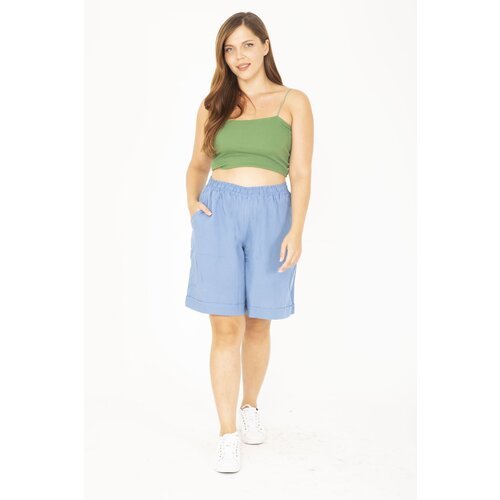 Şans women's large size blue woven viscose fabric elastic waist shorts Slike