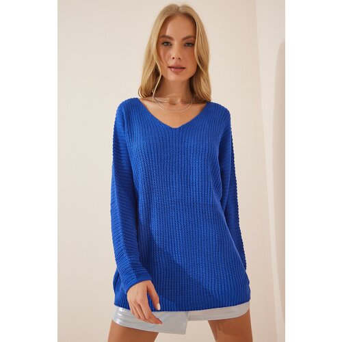 Happiness İstanbul Women's Blue V-Neck Thessaloniki Knit Oversize Knitwear Sweater Cene