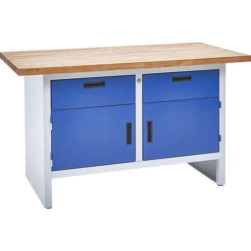 eurokraft basic Delovna miza z zaprtimi stranicami, 2 predala, 2 vrat, širina 1500 mm, svetlo sive / encijan modre barve Cene