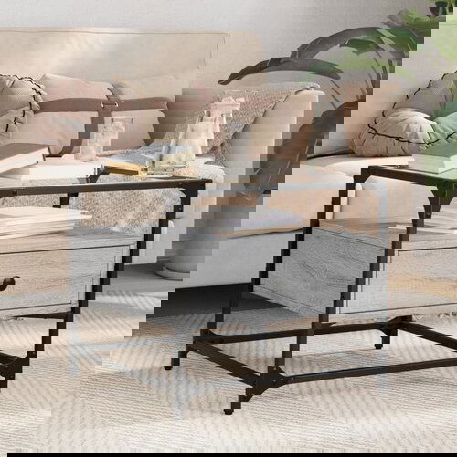 VidaXL Klubska mizica s steklom siva sonoma 50x50x45 cm jeklo Slike