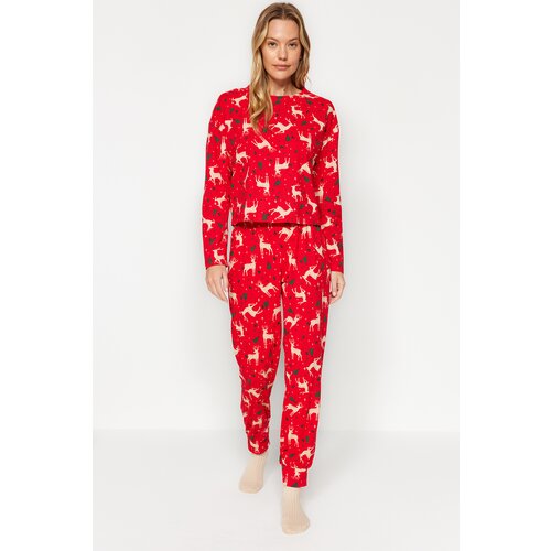 Trendyol Red 100% Cotton Christmas Theme Tshirt-Pants and Knitted Pajamas Set Slike