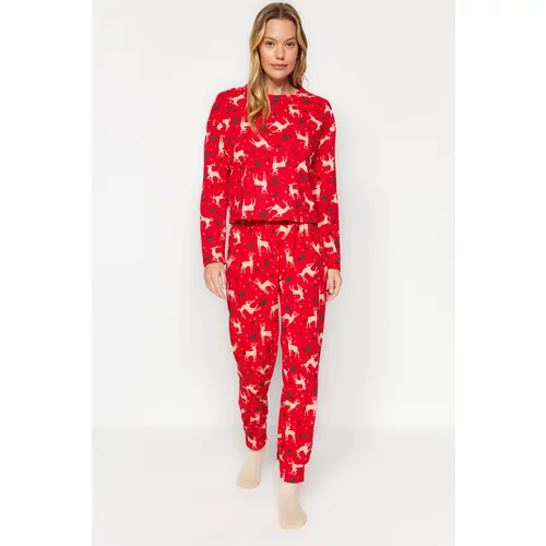 Trendyol Red 100% Cotton Christmas Theme Tshirt-Pants and Knitted Pajamas Set