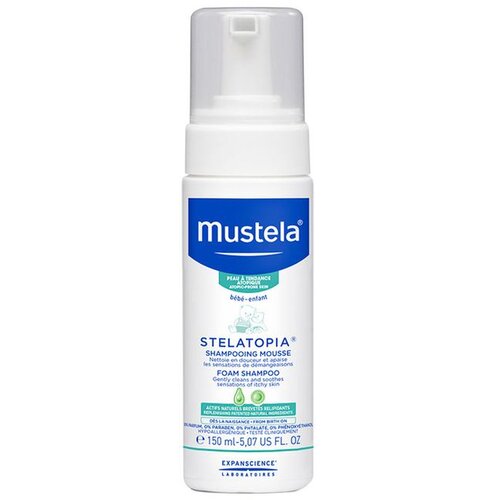Mustela B&amp;eacute;b&amp;eacute; Stelatopia&amp;reg; Foam Shampoo pomirjujoč &amp;scaron;ampon za otroke z izredno suho in atopično kožo 150 ml za otroke Slike