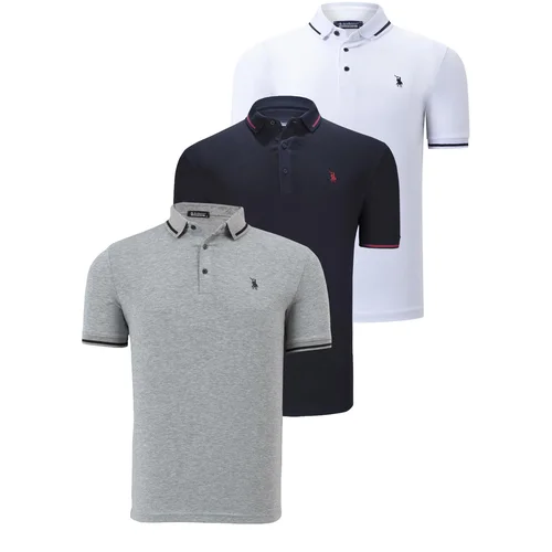 Dewberry TRIPLE SET T8586 MEN'S T-SHIRT-NAVY-WHITE-GREY