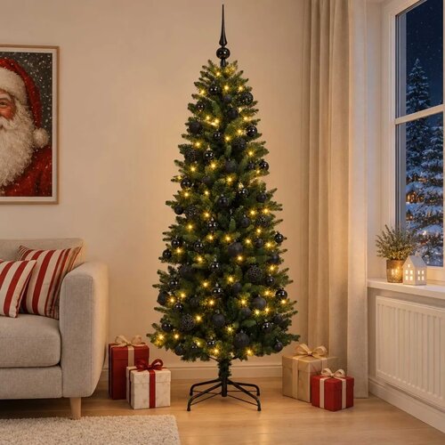  Umjetno božićno drvce s kuglicama 210 cm 300 LED lampica - 210 cm s LED-ima i crnim lopticama Zelena Cijene