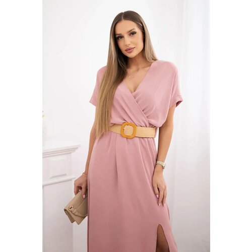 Kesi Włoski Long dress with a decorative belt dark powder pink Slike