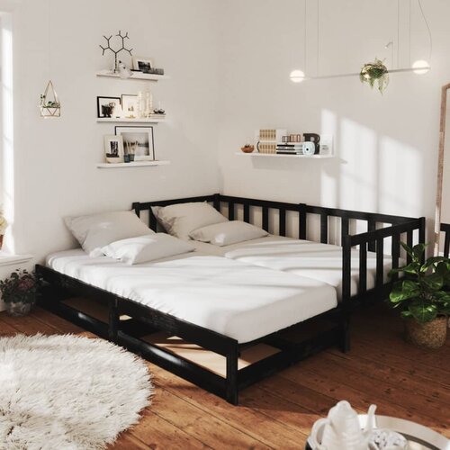VidaXL Izvlečna dnevna postelja 2x(90x200) cm črna trdna borovina Slike