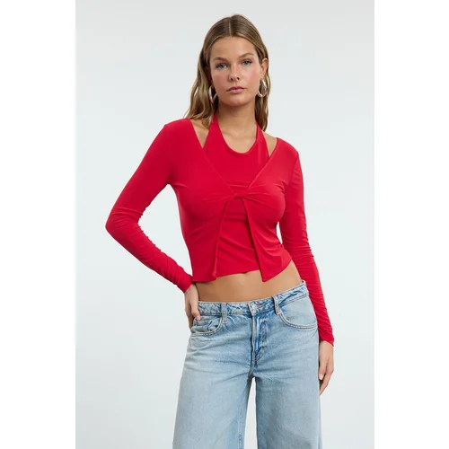 Trendyol Red Fitted Flexible Knitted Blouse with Athlete Look Inside