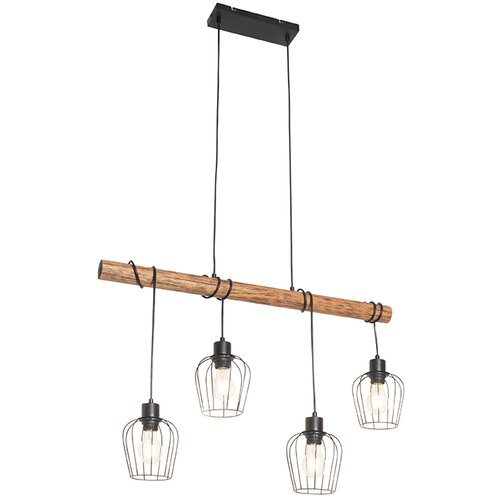 QAZQA Podeželska viseča svetilka črna z lesom 4 -light - Stronk Cene