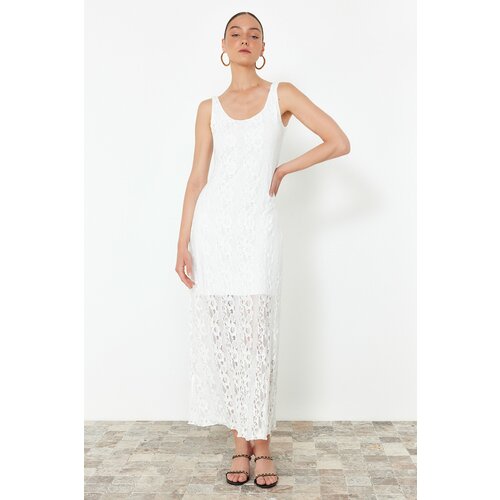 Trendyol White Pool Neck Lace Lining Stretchy Knitted Maxi Dress Cene
