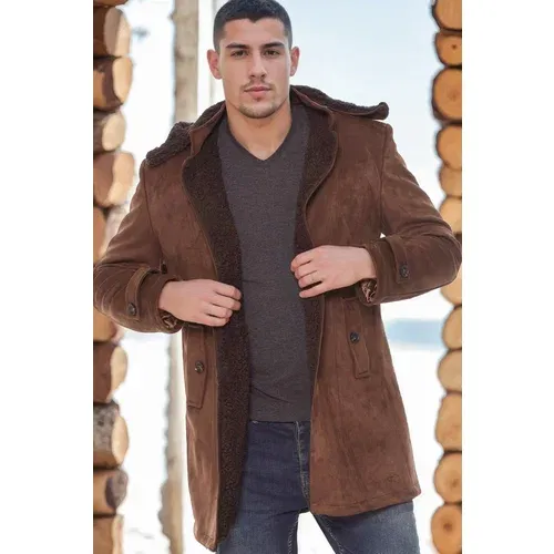 Dewberry PLT8399 SUEDE LOOK MEN'S COAT-PLAIN BROWN