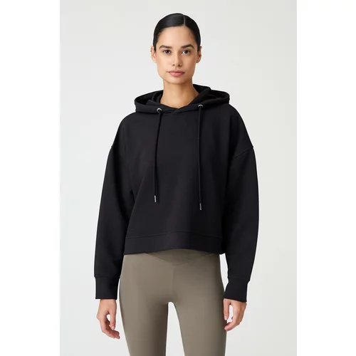 LOS OJOS Black Hooded Soft Textured Crop Sweatshirt