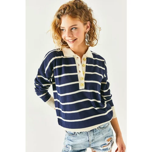 Olalook Women's Navy Blue Gold Buttons Striped Polo Collar Knitwear Blouse