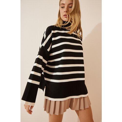 Happiness İstanbul Women's Bone Black Turtleneck Oversize Striped Knitwear Sweater Slike