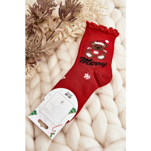 Kesi Women's shiny Christmas socks with red teddy bear Cene