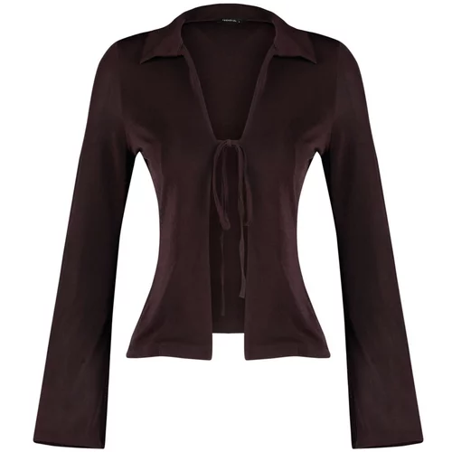 Trendyol Brown Premium Glossy Finish, Soft Textured Polo Neck Knitted Blouse with Lace-up Detail