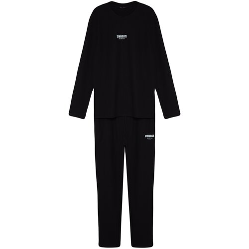 Trendyol Men's Black Regular Fit Printed Waffle Knitted Pajamas Set. Cene